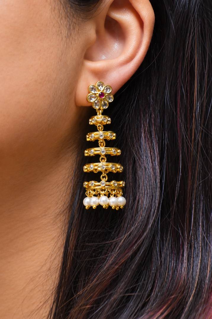 Floral Kundan & Ruby Chandelier CZ Earrings with Pearl Drops